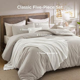 Bedsure 5 Pieces Cotton Comforter Set with Waffle Throw Blanket - Soft Breathable Bedding Set for All Seasons, Beige Queen Comforter, Pillow Shams, White 100% Cotton Blanket, Throw Pillow Bedsure
