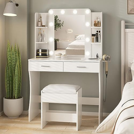 Vanity Desk with Lights,Makeup Vanity with Power Strip,Dressing Table Set with 2 Large Drawers,Vanity Mirror 3 Lighting Color Adjustable,White Vabches