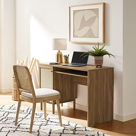 mopio Haylee Farmhouse Rattan Study Desk with Adjustable Shelf Storage Space mopio
