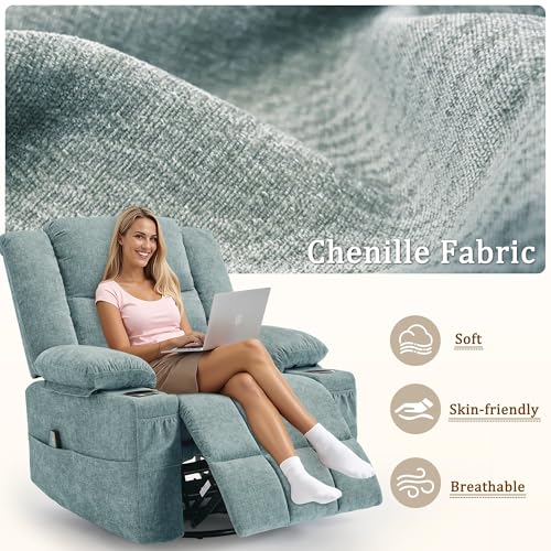 Korser Adult 360° Swivel Rocking Recliner, Nursery Rocking Chair with Massage and Heating Function, Cup Holder, Manually Adjustable Seat for Living Room and Bedroom (Fabric, Lake Blue)