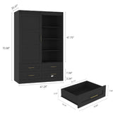 GOSROMS Armoire Wardrobe Closet with Sliding barn Door，Wardrobe Cabinet with 4 Storage Drawers and Hanging Rail,Freestanding Wooden Closet for Bedroom (Black) GOSROMS