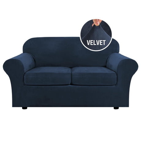H.VERSAILTEX Real Velvet Plush 3 Piece Stretch Sofa Covers Couch Covers for 2 Cushion Couch Loveseat Covers Width Up to 72 Inch Feature Thick Soft Stay in Place (Medium Sofa, Navy) H.VERSAILTEX