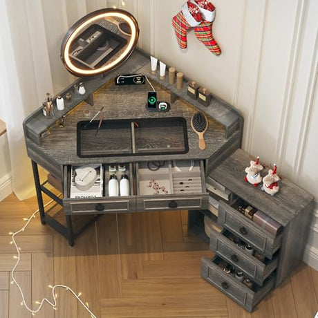 WOOVIVS Corner Vanity Desk with Lighted Rotating Mirror, Glass Top Makeup Table with 5 Drawers, Small Vanitys with Charging Station,Jewelry Organizers for Bedroom,Brown WOOVIVS