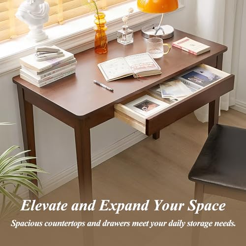 Cttasty Solid Wood Computer Desk with Drawers, Modern Writing Desk for Home Office, Mid Century Modern Desk, Oak Study Table, 35.4x19.9x29.5 inches (Single Drawer), Walnut Cttasty