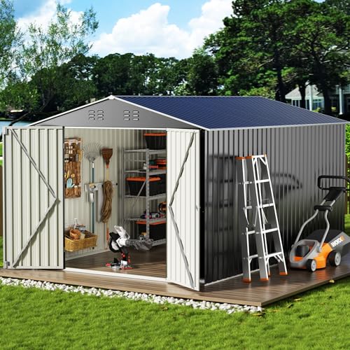 VIWAT 8' x 12' Outdoor Steel Storage Shed with Updated Frame Structure and Lockable Doors, Metal Shed Upgrade Height Ideal for Garden, Backyard, and Patio Utility and Tool Storage - WoodArtSupply