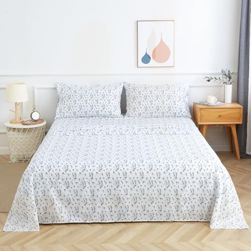 HENGWEITEXT King Sheet Set, 4 Piece Bed Sheets for King Size Bed Set, 17 Inch Sheets Deep Pocket, Soft and Breathable Microfiber, Wrinkle Free, Printed Light Blue Flowe Patterned Double Bedding HENGWEITEXT