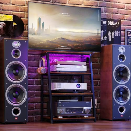 4-Tier AV Media Stand with Power Strips, Heavy Duty Stereo Cabinet Stand with LED Lights, Wooden Record Player Stand with 2 Hooks, Audio Stand Furniture Perfect for DVD Player/Game Console/TV Box/Xbox X-cosrack