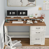 Vabches 47" Farmhouse Executive Desk with Monitor Stand & File Cabinet,3 Drawers Computer Desk with LED Lights and Power Outlets,Workstation for Home Office, Study,Writing.Unique White Vabches
