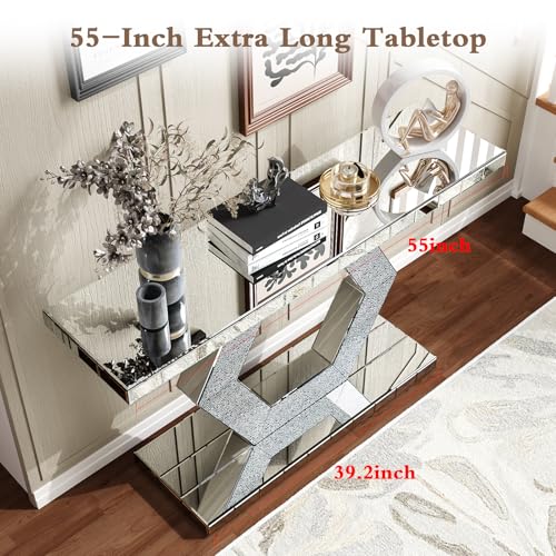55'' Mirrored Console Table Long Mirrored Sofa Table for Living Room Office, Hexagon Design Crystal Accents, Modern Entryway Console Desk for Hallway Entrance, 55''x14.2'' Glass Top Henf