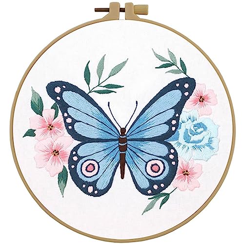 Esffaci Embroidery Starter Kit for Adult Beginner with Blue Butterfly Flowers Pattern Hand Embroidery Set with Cloth Hoop Needle Threader Floss and Instruction