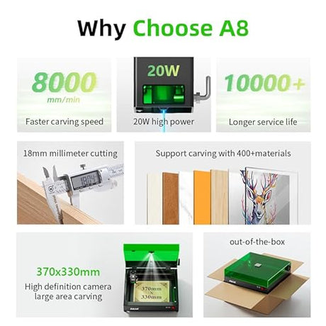 DAJA A8 20W Diode Desktop Laser Engraver Machine with Air Assist Smart 16MP Cameras, 600mm/s Speed Beginner-friendly Class 1 Safety Laser Engraver for Wood and Metal, Acrylic, DAJA