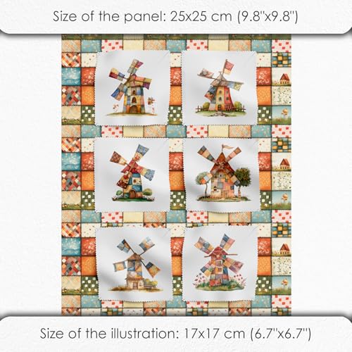 Patchwork Fabric Panel with Windmill Designs – 100% Cotton Satin, 6 Printed Panels 10”×10” + Patchwork Sheet 29.5”×19.7”, Single Continuous Cloth for Quilting & Sewing Fabricstown