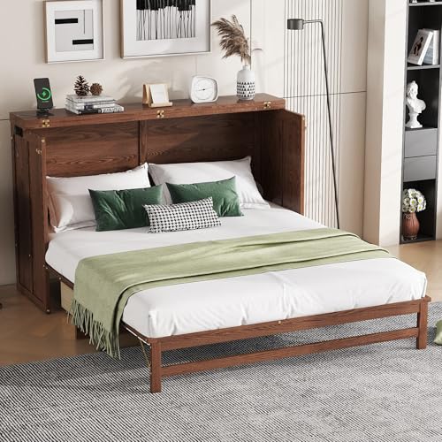 DNChuan Queen Size Murphy Bed Cabinet with Storage Drawer and USB Port, Foldable Cube Chest Platform Bed, Pine Wood Frame, Space Saving, No Box Spring Required, Walnut DNChuan