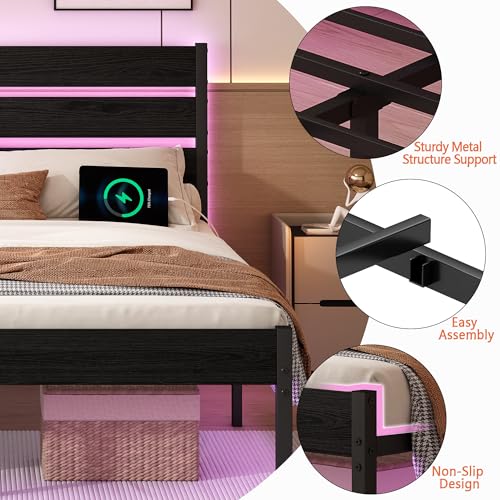 Chuangshuo Guard Full Size Bed Frame with Headboard,Heavy Duty LED Bed Frame with USB Charging Station,Mattress Foundation-Under Bed Storage, No Box Spring Needed, Noise Free，Black Chuangshuo Guard
