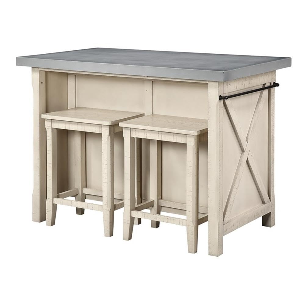 OSP Home Furnishings Nashville Kitchen Island with 2 Matching Stools, Cement Grey Top OSP Home Furnishings