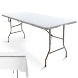 CARTMAN 6FT Folding Picnic Table Portable Fold-in-Half Plastic Dining Picnic Party Table with Tablecloth, White CARTMAN