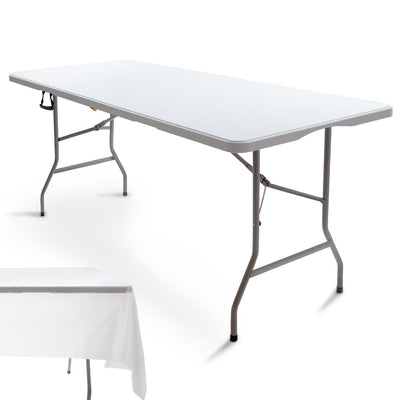 CARTMAN 6FT Folding Picnic Table Portable Fold-in-Half Plastic Dining Picnic Party Table with Tablecloth, White