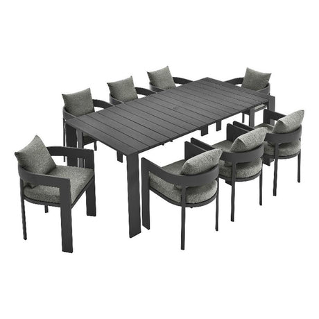 Modway Tahoe Outdoor Patio Powder-Coated Aluminum 9-Piece Dining Set in Gray Gray - Rectangular Patio Furniture Set for 8 - Outside Table with Umbrella Hole and Cushioned Chairs - Modern Patio Set Modway