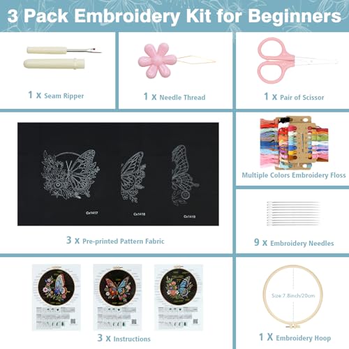 RidaaFri Embroidery Kit for Beginners, 3 Pk Stamped Butterfly DIY Craft Supplies with Hoop, Needles, Floss, Video, Complete Starter Kit for Learning Embroidery, Hobby Gift