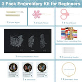 RidaaFri Embroidery Kit for Beginners, 3 Pk Stamped Butterfly DIY Craft Supplies with Hoop, Needles, Floss, Video, Complete Starter Kit for Learning Embroidery, Hobby Gift