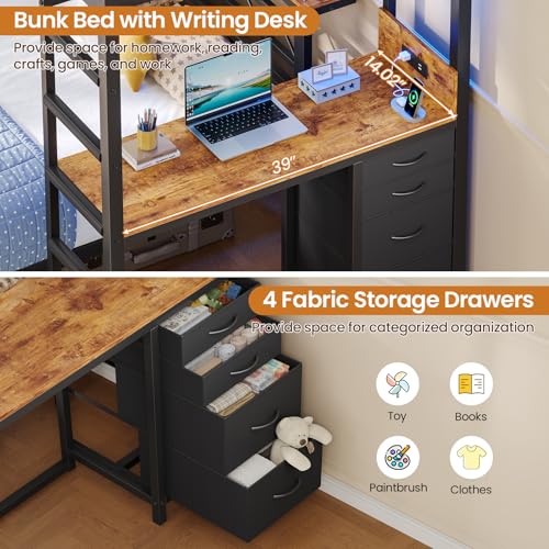 DICTAC Twin Over Full Bunk Bed with Desk,Led Lights and 4 Drawers,Metal Bunk Beds with Storage Headboard and Charging Station,L-Shaped bunk Bed for Kids/Teen with Safety Guardrail and Ladder,Black DICTAC