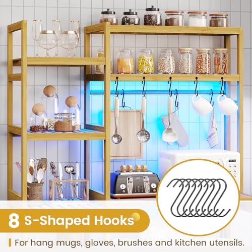 FORABAMB Bakers Rack with Power Outlet, Coffee Bar, 10-Tier Kitchen Shelves with 8 Hooks, Microwave Stand Kitchen Rack Freestanding Utility Storage Shelf, 15.7 x 41 x 65 Inches, Bamboo