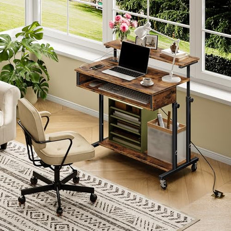 CHOEZON Computer Desk, Standing Desk on Wheels, Rolling Desk with Charging Station, Height-Adjustable Laptop Desk, for Living Room, Home Office, Rustic Brown and Black TDN08UBF CHOEZON