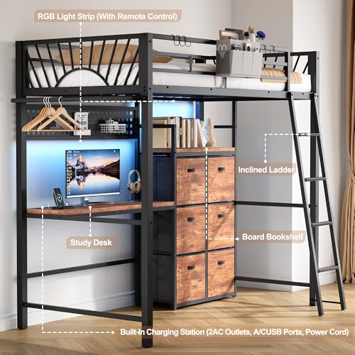 Decofy Twin Metal Loft Bed with Desk, 6 Storage Cabinet, LED Light Bunk Bed Frame Twin Size with Charging Station, No Box Spring Needed, Extra Wide Stair Treads&Safety Ladder, Hanging Rod&Guardrail Decofy