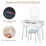 Giantex Vanity Set with Round Lighted Mirror, Makeup Dressing Table with 8 Light Bulbs and Brightness Adjustable, Bedroom Makeup Table with Cushioned Stool and 2 Sliding Drawers (White) Giantex