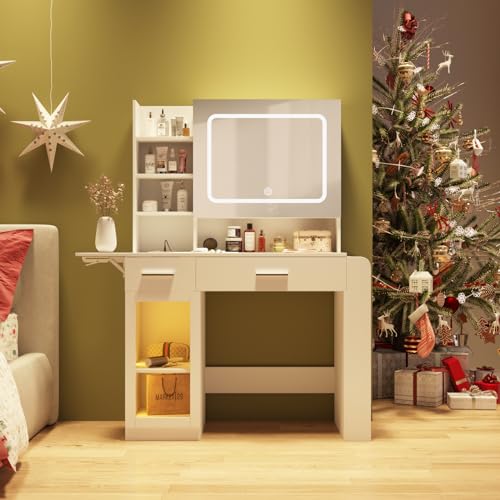 Vabches Vanity Desk with Mirror and Lights, Makeup Vanity with Charging Station, Vanity Table with Drawers, Shelves and Large Storage Cabinet for Home and Bedroom Vabches