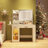 Vabches Vanity Desk with Mirror and Lights, Makeup Vanity with Charging Station, Vanity Table with Drawers, Shelves and Large Storage Cabinet for Home and Bedroom Vabches