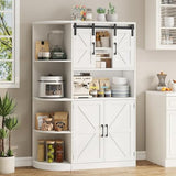 Vabches Farmhouse Pantry Cabinet, Kitchen Pantry Storage Cabinet with Sliding Door, Rustic Buffet Sideboard with Microwave Stand, Freestanding Cupboard with Shelves for Dining Room, White Vabches