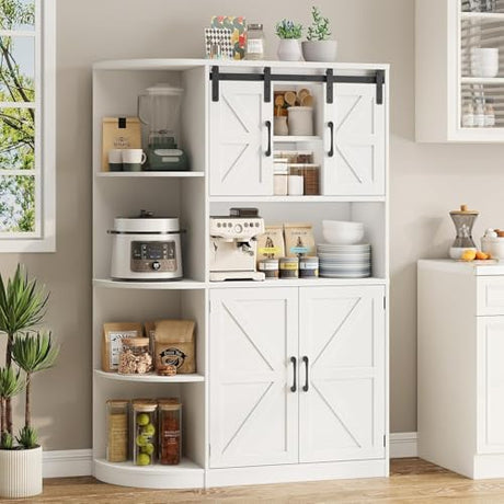 Vabches Farmhouse Pantry Cabinet, Kitchen Pantry Storage Cabinet with Sliding Door, Rustic Buffet Sideboard with Microwave Stand, Freestanding Cupboard with Shelves for Dining Room, White Vabches
