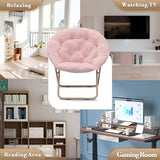 Athena Collection Comfy Saucer Chair Folding Cozy Chair for Bed Room Living Room Accent Chair Faux Fur Reading Chair Foldable Metal Frame Lazy Chair Moon Chair for Adult, Pink Athena Collection
