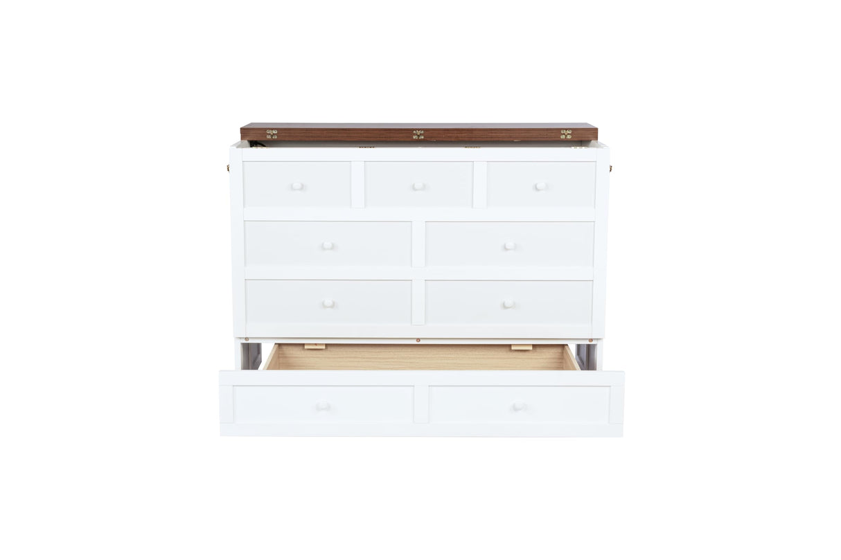 PVWIIK Full Size Murphy Bed with Large Storage Drawer for Guest Room Home Office, Wood Platform Bed Frame w/USB Ports & Charging Station,White PVWIIK