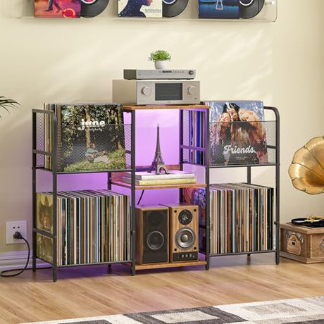 3IngSeagulls Record Player Stand with Power Outlets and LED Light, Turntable Stand Storage Up to 350+ Albums, Record Player Stand with Vinyl Storage, Tuntable Stand with Record Holder for Living Room 3IngSeagulls