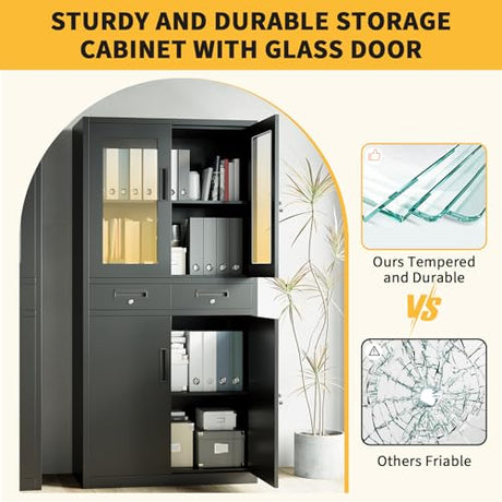 BouPower 71" Black Metal Storage Cabinet with Glass Doors, Garage Storage with 2 Drawers + 2 Adjustable Shelves, Heavy Duty Tool Cabinet with Locking Doors for School, Workshop, Office, Black BouPower