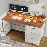 Vabches 47" Farmhouse Executive Desk with Monitor Stand & File Cabinet,3 Drawers Computer Desk with LED Lights and Power Outlets,Workstation for Home Office, Study,Writing.Unique White Vabches