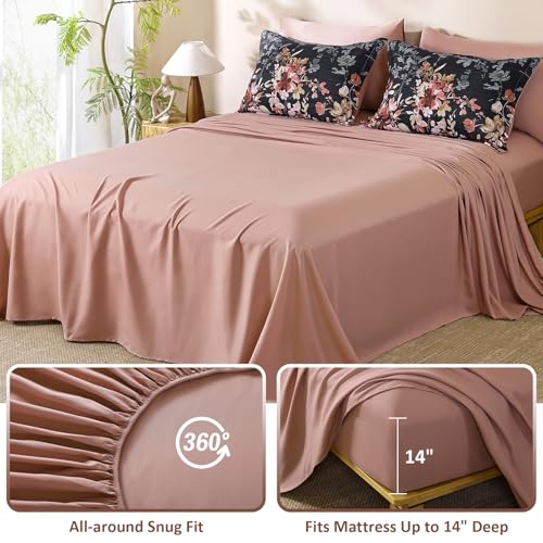 Dobuyly Black Comforter Queen Size Set, 7 Piece Floral Bedding Comforter Set, Black and Pink Bed in a Bag Botanical Flower Pattern with Sheets, Pillowcases & Shams All Season Dobuyly
