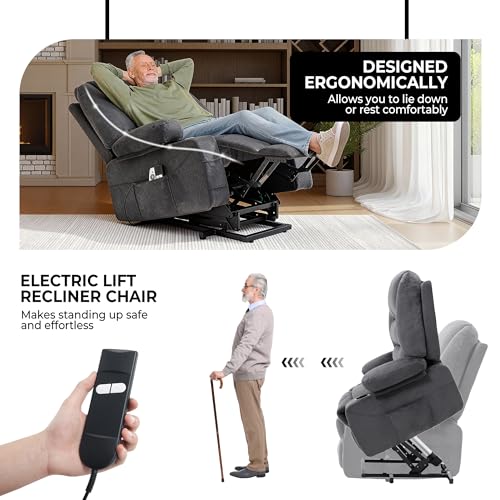 KCQ Overstuffed Electric Recliner Chairs for Adults with Cup Holder and USB Port, Fabric Power Lift Recliner Chair with Heat and Massage for Elderly Seniors, Grey