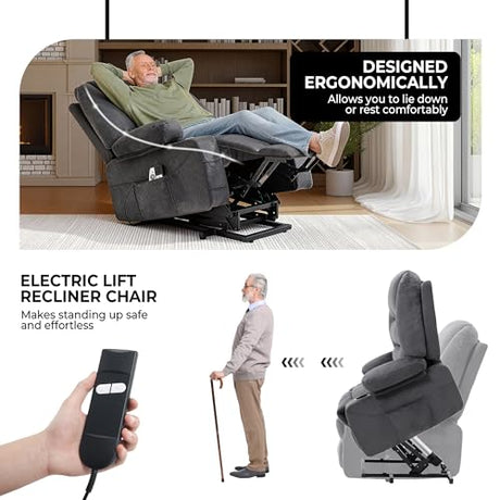 KCQ Overstuffed Electric Recliner Chairs for Adults with Cup Holder and USB Port, Fabric Power Lift Recliner Chair with Heat and Massage for Elderly Seniors, Grey KCQ