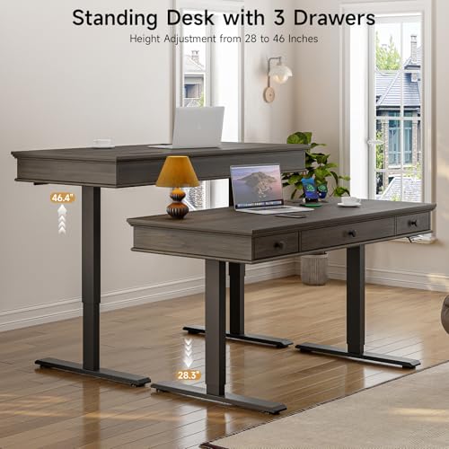 ONBRILL Standing Desk with Drawers, 55 x 23 Inch Electric Height Adjustable Desk with Storage & Outlets, for Computer Workstation, Home Office, Retro Curved Table Corner Design, Dark Walnut ONBRILL