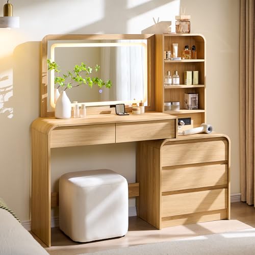 wow97e 50" Makeup Vanity Desk with 35.43" Mirror and Lights, Large 5 Drawers Makeup Table with Adjustable Shelves and Charging Station, 3 Lighting Modes for Women and Girls, Bedroom or Dorm, Natural wow97e