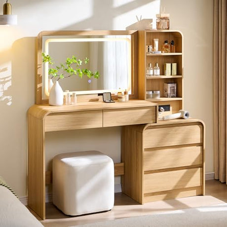 wow97e 50" Makeup Vanity Desk with 35.43" Mirror and Lights, Large 5 Drawers Makeup Table with Adjustable Shelves and Charging Station, 3 Lighting Modes for Women and Girls, Bedroom or Dorm, Natural wow97e