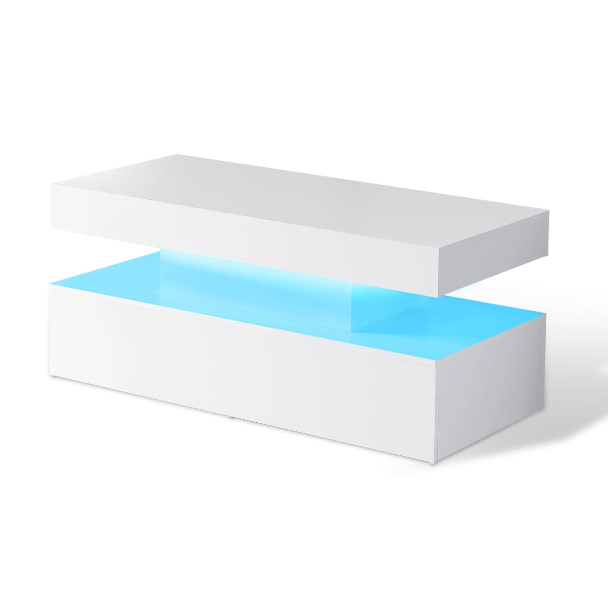 AMERLIFE High Gloss LED Coffee Table, Modern 2-Tier Center Table with LED Lights, Open Storage Space, 40in Simple Rectangular Sofa Side Table for Living Room, White AMERLIFE