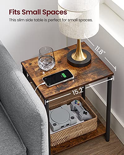 VASAGLE End Table with Charging Station, Set of 2, Small Side Tables for Living Room, Bedroom, Nightstand with Outlets and USB Ports, Bedside Table with Storage Shelf, Rustic Brown and Black - WoodArtSupply