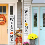 Lotkey Seasonal Welcome Sign for Front Door, 47 x 7.9 Inch Welcome Sign with 12 Wooden Icons (6 Double-sided Disks) Porch Decor for Summer Fall Thanksgiving Christmas Party Outdoor Sign (White) LOTKEY