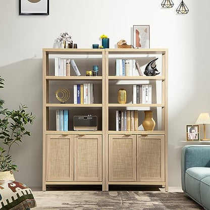 SICOTAS 5-Tier Rattan Boho Bookshelf with Doors - Tall Farmhouse Storage Bookcase for Living Room, Bedroom, and Office - WoodArtSupply