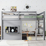 Bellemave Full Size Loft Bed for Kids with Sliding Chalkboard & Bookshelf, Sturdy Wooden Full Loft Bed Frame with Safety Guardrails, Space Saving Kids Loft Beds with Under-Bed Play Space, Grey Bellemave