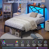 ChicZhiNest Twin Size Black Metal Bed Frame with USB Charging Station, LED Ambient Lighting, and Wooden Storage Headboard - Includes Under-Bed Storage, No Box Spring Needed, Noise Free, Easy Assembly ChicZhiNest